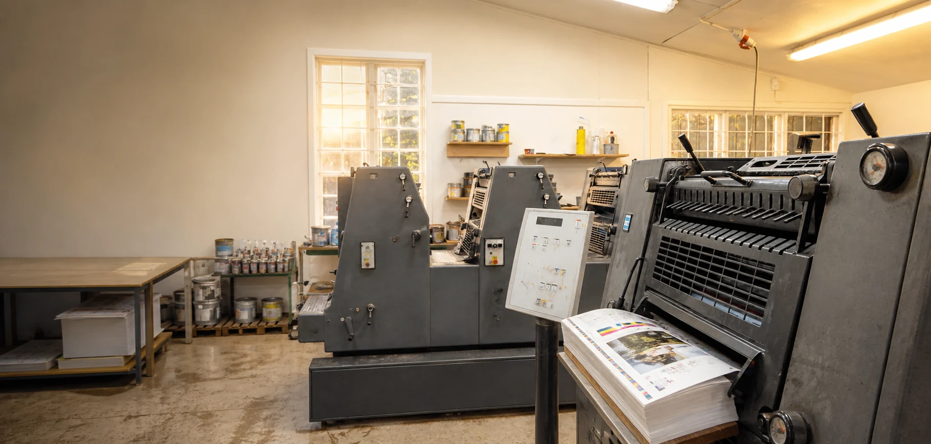 Ljust och varmt tryckeri med offsetpressar och tryckark